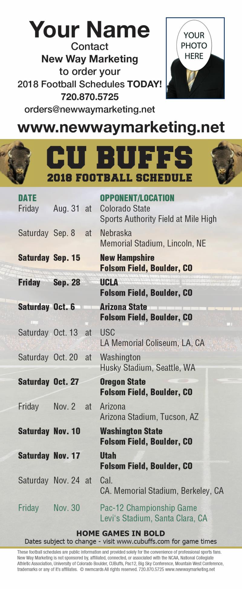 2018 CU Buffs College Football Schedules Self Mailer Postcard